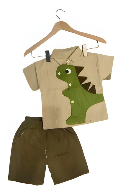 Premium Imported Beige short-sleeve shirt with a smart collar and an eye-catching green dinosaur with Brown shorts (2 to 6 years)