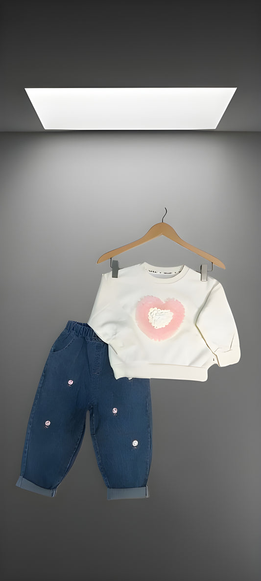 Premium Imported Baby Girl  Soft White Sweatshirt with Cute Pink Heart