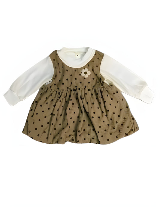 Premium Imported Beige Polka Dot Frock with Inner Top & Mini Bag (1–4 Years) Stylish comfort with adorable flair – perfect for all seasons!