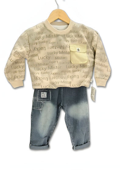 Premium Imported "Lucky Mistar" Sweatshirt & Denim Jeans Set (2–6 Years)