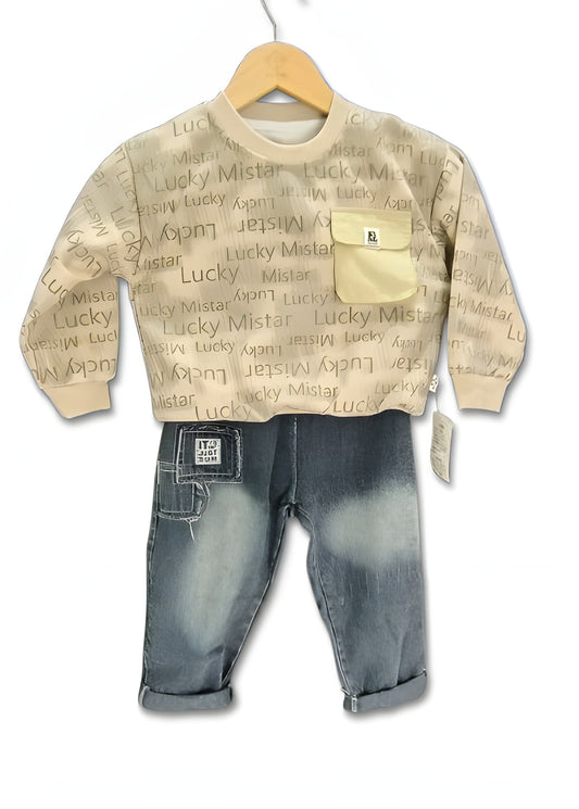 Premium Imported "Lucky Mistar" Sweatshirt & Denim Jeans Set (2–6 Years)
