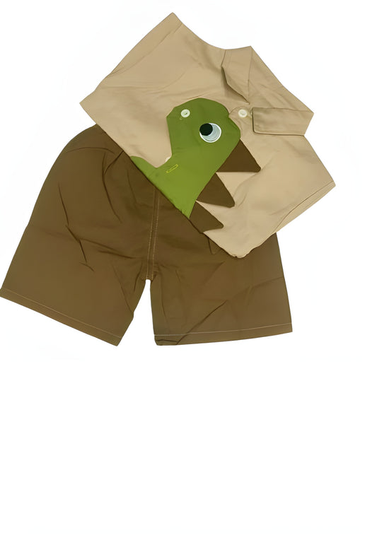 Premium Imported Beige short-sleeve shirt with a smart collar and an eye-catching green dinosaur with Brown shorts (2 to 6 years)