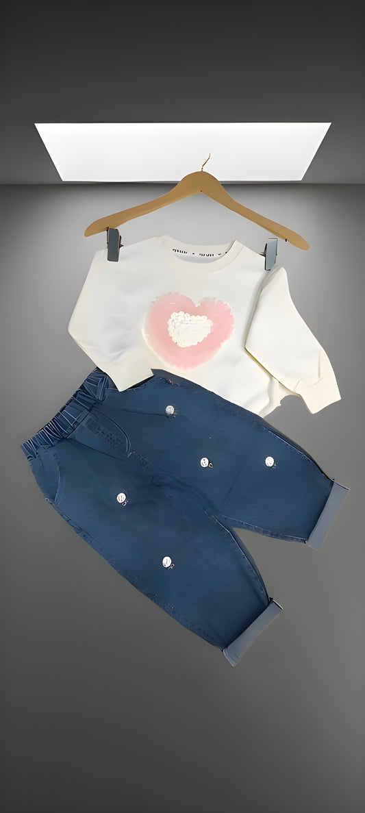Premium Imported Baby Girl  Soft White Sweatshirt with Cute Pink Heart