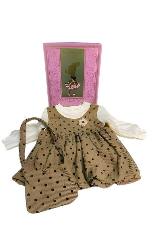 Premium Imported Beige Polka Dot Frock with Inner Top & Mini Bag (1–4 Years) Stylish comfort with adorable flair – perfect for all seasons!