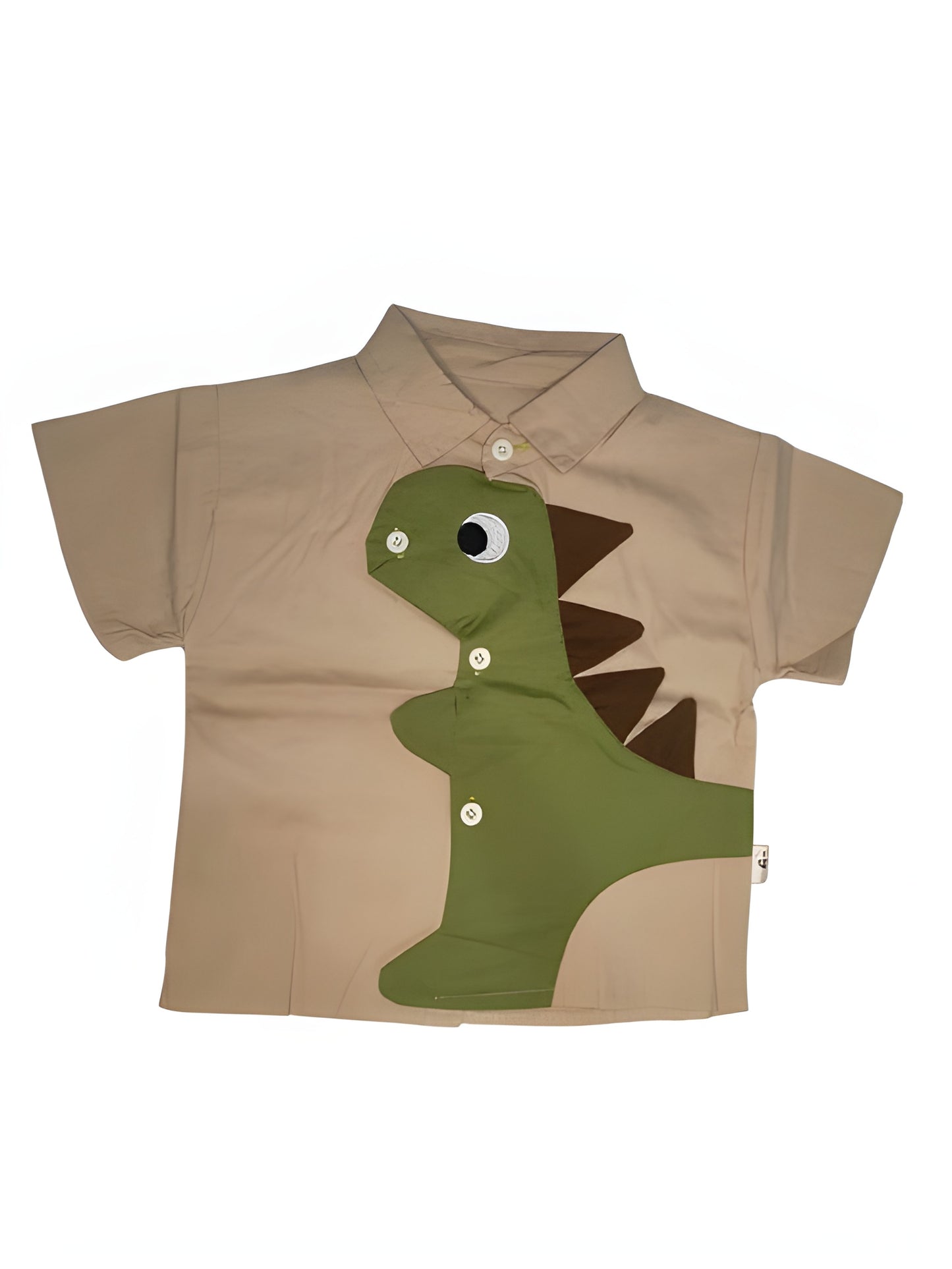 Premium Imported Beige short-sleeve shirt with a smart collar and an eye-catching green dinosaur with Brown shorts (2 to 6 years)