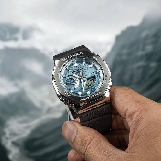 G-Shock GBM2100A with silver metal body and blue dial